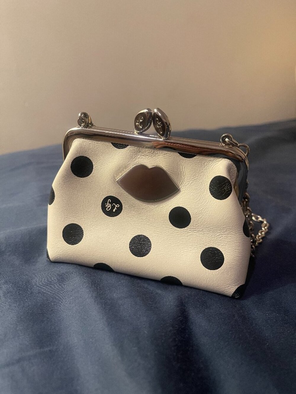 Lulu Guinness Mini Pouch Bag Charm White Black Polka Dot Chain